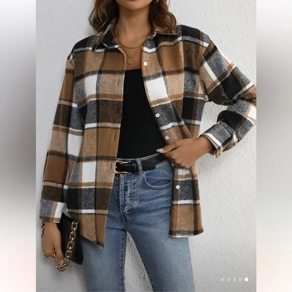 Plaid Button-Up Shirt in Brown and Black - Picture 5 of 5